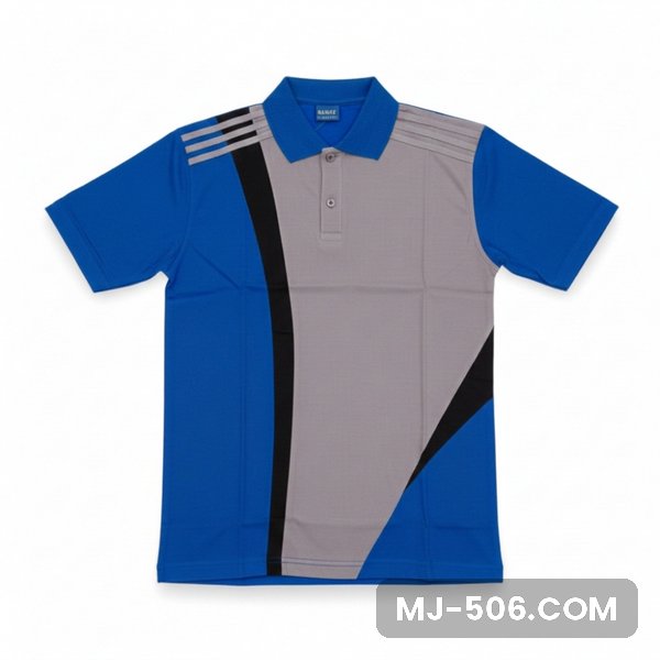 Baju Olahraga Warna Abu Biru Benhur Baju Olahraga Warna Abu Biru Benhur, kaos olahraga kerah polo abu di bagian depan dengan sisi dan lengan biru benhur, panel hitam dan list putih di lengan