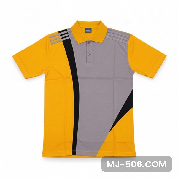 Baju Olahraga Warna Abu Kuning Baju Olahraga Warna Abu Kuning, kaos olahraga kerah polo abu di bagian depan dengan sisi dan lengan kuning, panel hitam dan list putih di lengan