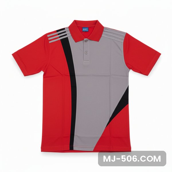 Baju Olahraga Warna Abu Merah Baju Olahraga Warna Abu Merah, kaos olahraga kerah polo abu di bagian depan dengan sisi dan lengan merah, panel hitam dan list putih di lengan