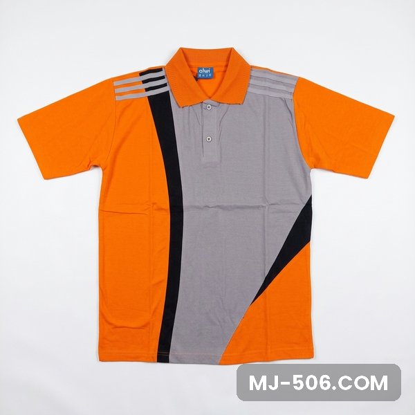 Baju Olahraga Warna Abu Orange Baju Olahraga Warna Abu Orange, kaos olahraga kerah polo abu di bagian depan dengan sisi dan lengan orange, panel hitam dan list putih di lengan