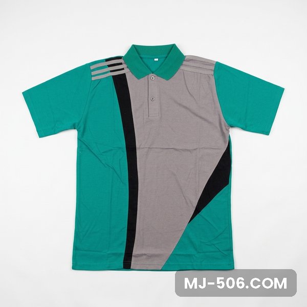 Baju Olahraga Warna Abu Toska, kaos olahraga kerah polo abu di bagian depan dengan sisi dan lengan hijau toska, panel hitam dan list putih di lengan