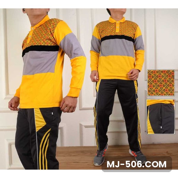 Baju Olahraga Batik Kuning Celana Hitam Baju Olahraga Batik Kuning Celana Hitam, setelan kaos polo motif batik katun cardet 24s dan celana training diadora