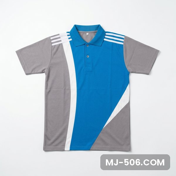 Baju Olahraga Warna Biru Turkis Abu, kaos olahraga kerah polo biru turkis di bagian depan dengan sisi dan lengan abu, list putih di bahu dan list putih di lengan