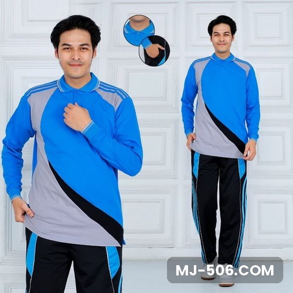 Baju Olahraga Guru Biru Celana Hitam Baju Olahraga Guru Biru Celana Hitam, setelan baju polo dan celana training tampak depan dan belakang