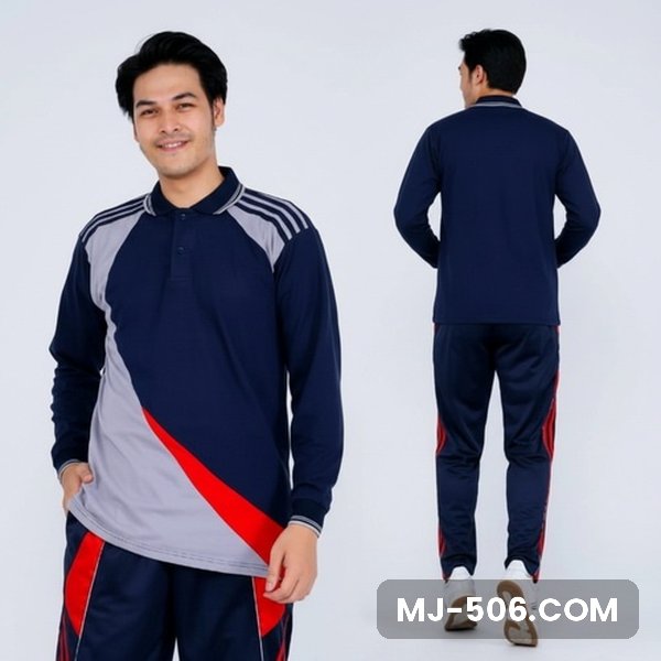 Baju Olahraga Guru Biru Dongker Baju Olahraga Guru Biru Dongker, setelan baju polo dan celana training tampak depan dan belakang