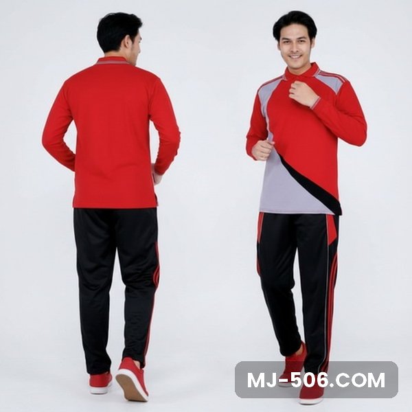 Baju Olahraga Guru Merah Celana Hitam Baju Olahraga Guru Merah Celana Hitam, setelan baju polo dan celana training tampak depan dan belakang