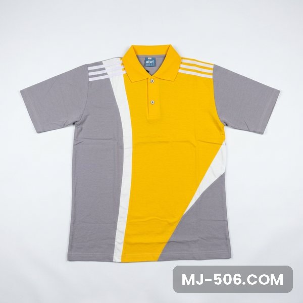 Baju Olahraga Warna Kuning Abu Baju Olahraga Warna Kuning Abu, kaos olahraga kerah polo kuning di bagian depan dengan sisi dan lengan abu, list putih di bahu dan list putih di lengan