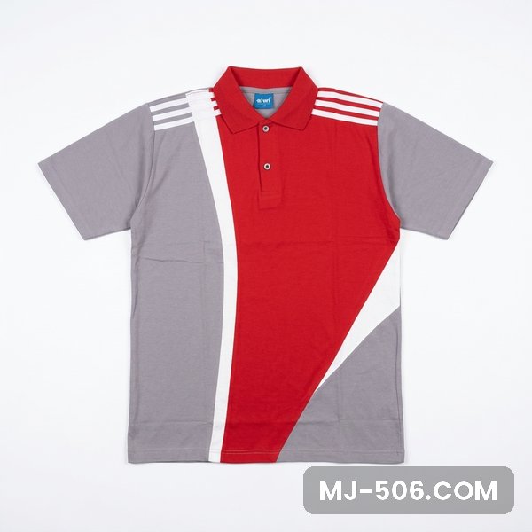 Baju Olahraga Warna Merah Abu Baju Olahraga Warna Merah Abu, kaos olahraga kerah polo merah di bagian depan dengan sisi dan lengan abu, list putih di bahu dan list putih di lengan