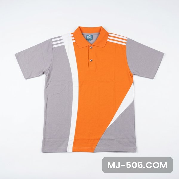 Baju Olahraga Warna Orange Abu, kaos olahraga kerah polo orange di bagian depan dengan sisi dan lengan abu, list putih di bahu dan list putih di lengan