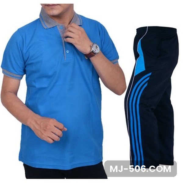 Baju Olahraga Polo Lacos Biru Kerah Abu Celana Hitam Baju Olahraga Polo Lacos Biru Kerah Abu Celana Hitam, setelan polo lacos lengan pendek dan celana training diadora