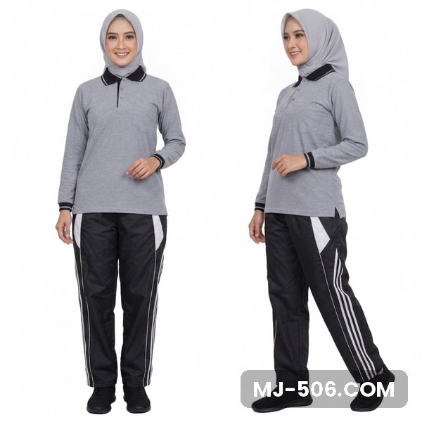 Baju Olahraga Polo Wanita Abu Misty Baju Olahraga Polo Wanita Abu Misty, baju abu misty, kerah dan manset hitam, saku dada dan celana training hitam list putih