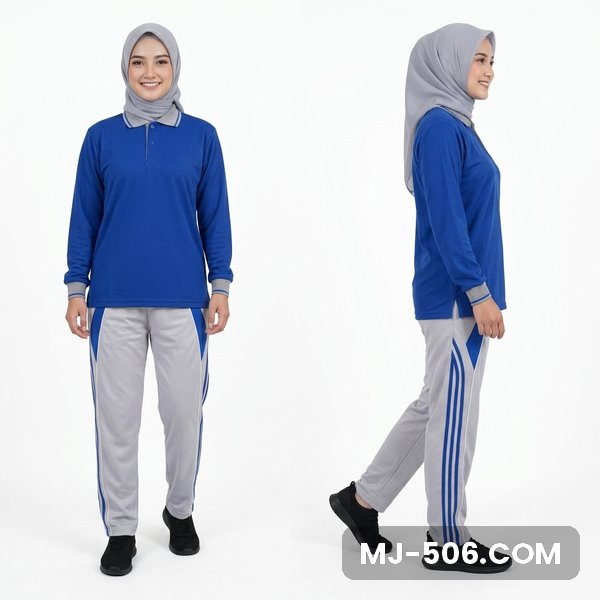 Baju Olahraga Polo Wanita Biru Benhur Celana Abu Baju Olahraga Polo Wanita Biru Benhur Celana Abu, baju biru benhur, kerah dan manset abu dan celana training abu list biru benhur