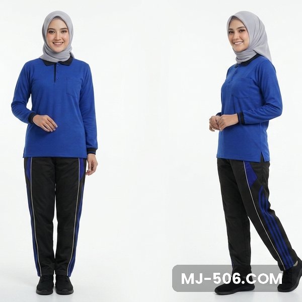 Baju Olahraga Polo Wanita Biru Benhur Celana Hitam, baju biru benhur, kerah dan manset hitam, saku dada dan celana training hitam list biru benhur