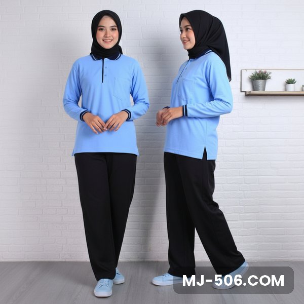 Baju Olahraga Polo Wanita Biru Muda, baju biru muda, kerah dan manset dongker, saku dada dan celana training hitam polos