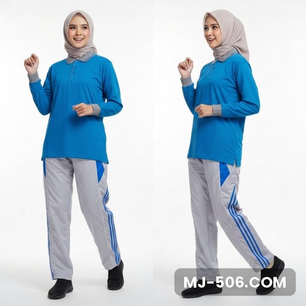 Baju Olahraga Polo Wanita Biru Turkis Celana Abu Baju Olahraga Polo Wanita Biru Turkis Celana Abu, baju biru turkis, kerah dan manset abu dan celana training abu list biru