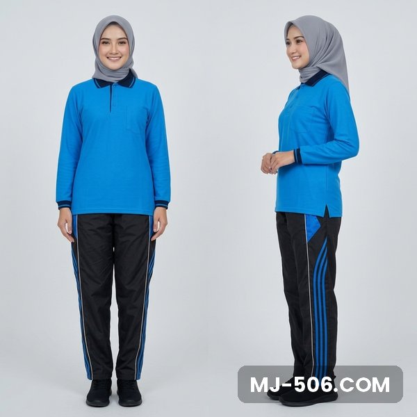 Baju Olahraga Polo Wanita Biru Turkis Celana Hitam Baju Olahraga Polo Wanita Biru Turkis Celana Hitam, baju biru turkis, kerah dan manset dongker, saku dada dan celana training hitam list biru