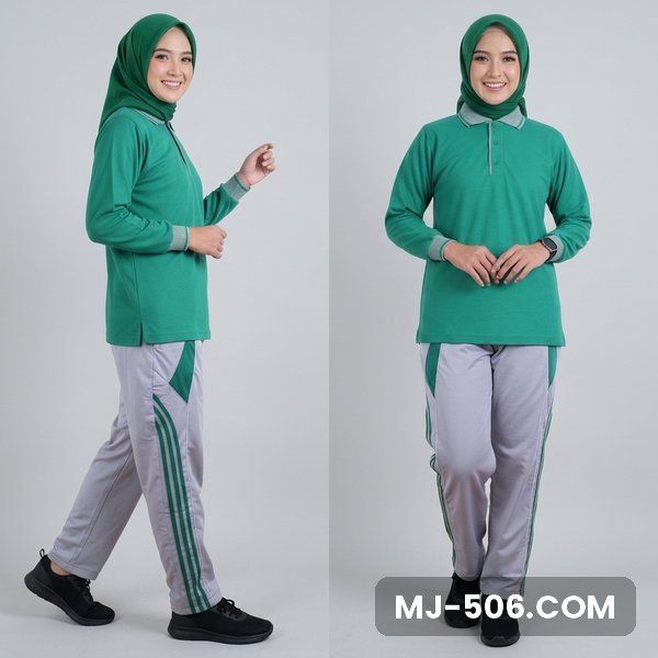 Baju Olahraga Polo Wanita Hijau Fuji Celana Abu, baju hijau fuji, kerah dan manset abu dan celana training abu list hijau fuji