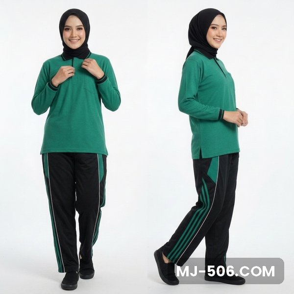 Baju Olahraga Polo Wanita Hijau Fuji Celana Hitam Baju Olahraga Polo Wanita Hijau Fuji Celana Hitam, baju hijau fuji, kerah dan manset hitam, saku dada dan celana training hitam list hijau fuji