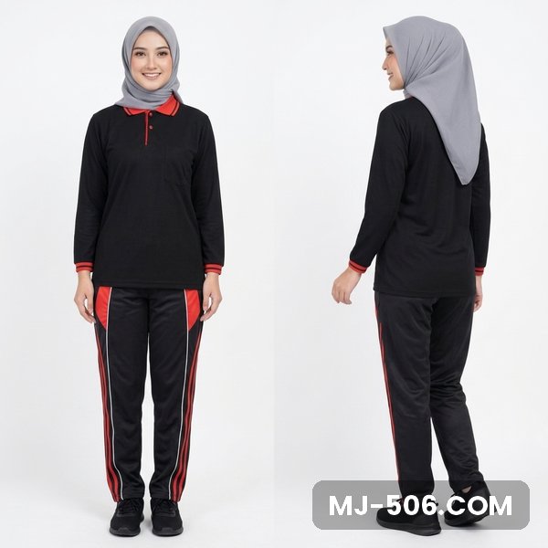 Baju Olahraga Polo Wanita Hitam Baju Olahraga Polo Wanita Hitam, baju hitam, kerah dan manset merah, saku dada dan celana training hitam list merah