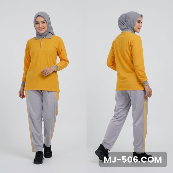 Baju Olahraga Polo Wanita Kuning Celana Abu Baju Olahraga Polo Wanita Kuning Celana Abu, baju kuning, kerah dan manset abu dan celana training abu list kuning
