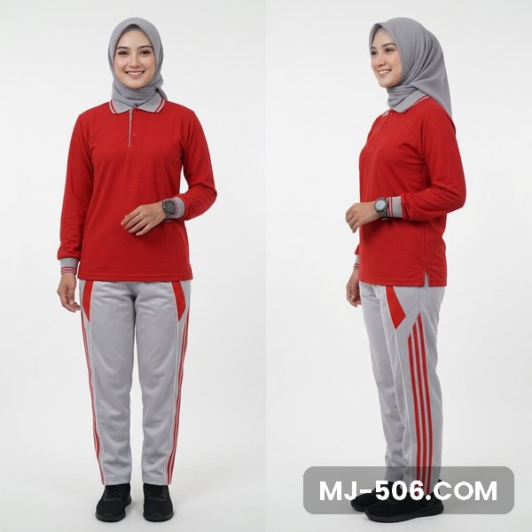 Baju Olahraga Polo Wanita Merah Celana Abu Baju Olahraga Polo Wanita Merah Celana Abu, baju merah, kerah dan manset abu dan celana training abu list merah
