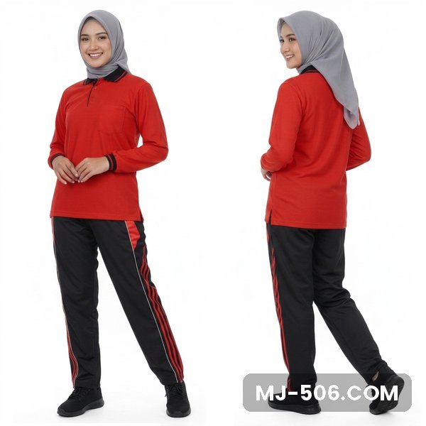 Baju Olahraga Polo Wanita Merah Celana Hitam Baju Olahraga Polo Wanita Merah Celana Hitam, baju merah, kerah dan manset hitam, saku dada dan celana training hitam list merah