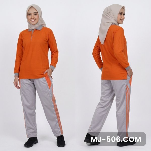 Baju Olahraga Polo Wanita Orange Celana Abu Baju Olahraga Polo Wanita Orange Celana Abu, baju orange, kerah dan manset abu dan celana training abu list orange