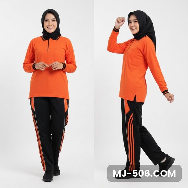 Baju Olahraga Polo Wanita Orange Celana Hitam Baju Olahraga Polo Wanita Orange Celana Hitam, baju orange, kerah dan manset hitam, saku dada dan celana training hitam list orange