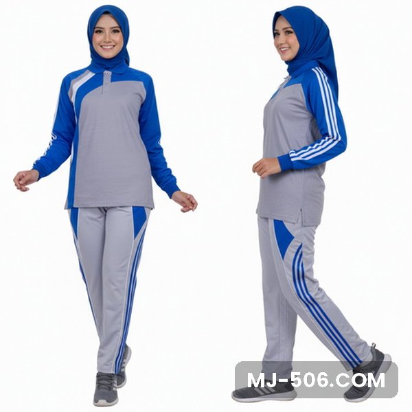 Baju Olahraga Wanita Abu Benhur, baju abu dengan lengan biru benhur dan celana training abu list biru benhur