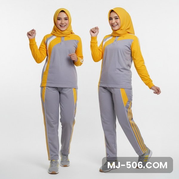 Baju Olahraga Wanita Abu Kuning, baju abu dengan lengan kuning dan celana training abu list kuning
