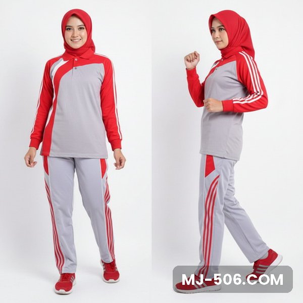 Baju Olahraga Wanita Abu Merah Celana Abu Baju Olahraga Wanita Abu Merah Celana Abu, baju abu dengan lengan merah dan celana training abu list merah