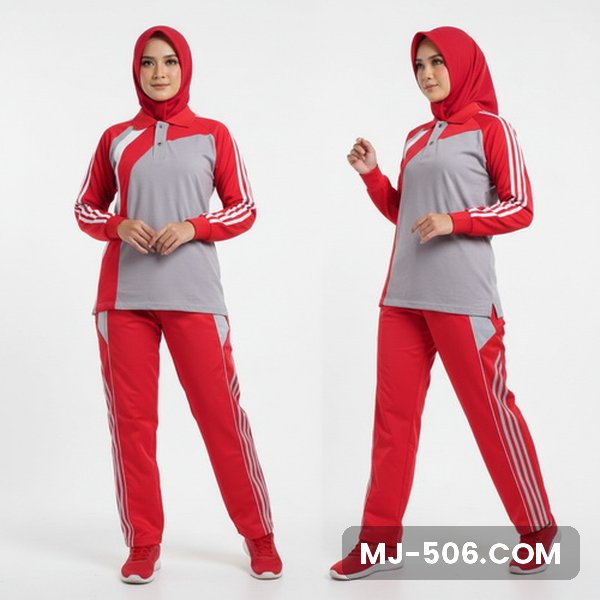 Baju Olahraga Wanita Abu Merah Celana Merah Baju Olahraga Wanita Abu Merah Celana Merah, baju abu dengan lengan merah dan celana training merah list putih