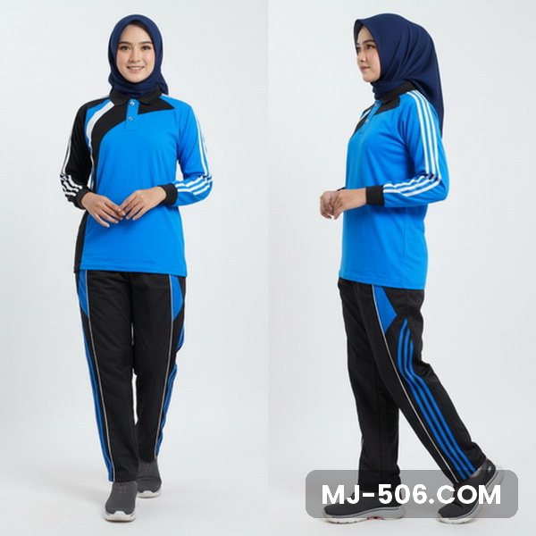 Baju Olahraga Wanita Biru Turkis Baju Olahraga Wanita Biru Turkis, baju biru turkis dengan lengan hitam dan celana training hitam list biru turkis