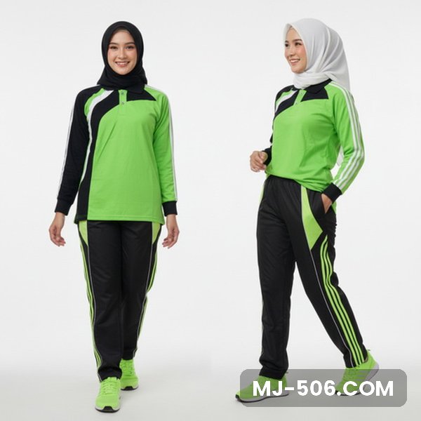 Baju Olahraga Wanita Hijau Stabilo Baju Olahraga Wanita Hijau Stabilo, baju hijau stabilo dengan lengan hitam dan celana training hitam list hijau stabilo