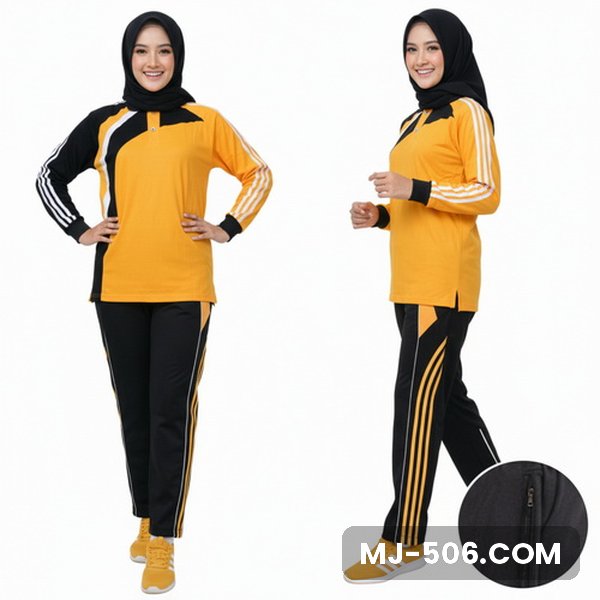Baju Olahraga Wanita Kuning Baju Olahraga Wanita Kuning, baju kuning dengan lengan hitam dan celana training hitam list kuning