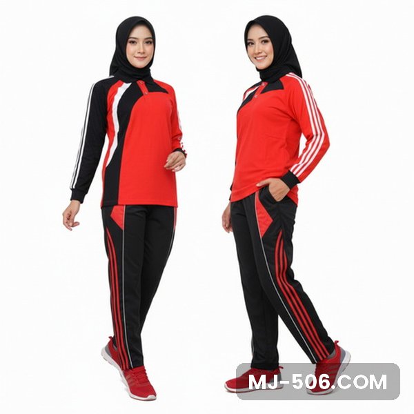 Baju Olahraga Wanita Merah Baju Olahraga Wanita Merah, baju merah dengan lengan hitam dan celana training hitam list merah