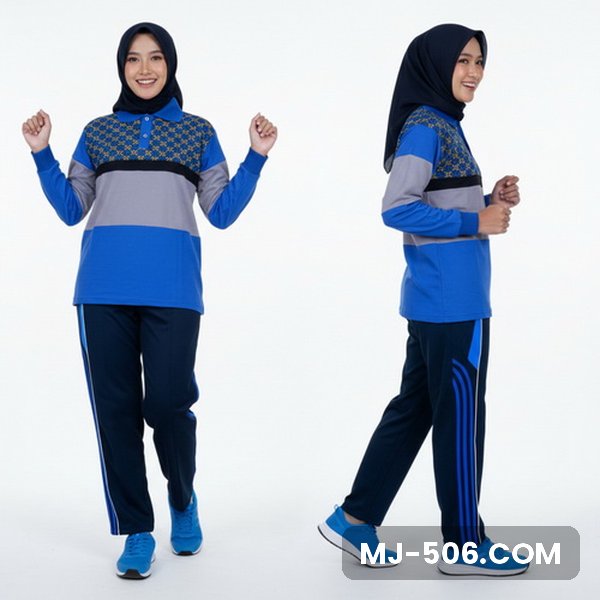 Baju Senam Wanita Biru Benhur Baju Senam Wanita Biru Benhur, baju biru benhur dengan motif di dada dan panel abu dan celana training hitam list biru benhur