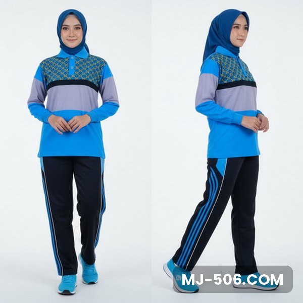 Baju Senam Wanita Biru Turkis Baju Senam Wanita Biru Turkis, baju biru turkis dengan motif di dada dan panel abu dan celana training hitam list biru turkis