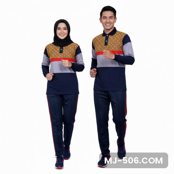 Baju Senam Wanita Dongker Baju Senam Wanita Dongker, baju biru dongker dengan motif di dada dan panel abu dan celana training biru dongker list merah