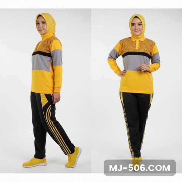 Baju Senam Wanita Kuning, baju kuning dengan motif di dada dan panel abu dan celana training hitam list kuning