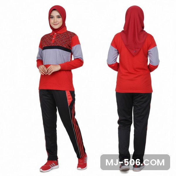 Baju Senam Wanita Merah Baju Senam Wanita Merah, baju merah dengan motif di dada dan panel abu dan celana training hitam list merah