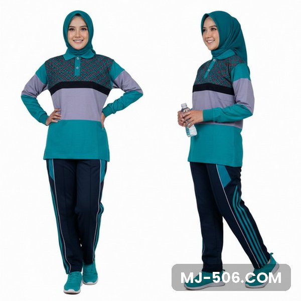 Baju Senam Wanita Toska Baju Senam Wanita Toska, baju toska dengan motif di dada dan panel abu dan celana training hitam list toska
