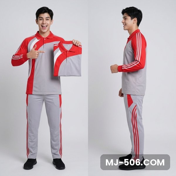 Baju Seragam Olahraga Abu Lengan Merah Celana Abu Baju Seragam Olahraga Abu Lengan Merah Celana Abu, setelan polo raglan katun cardet 24s dan celana training diadora