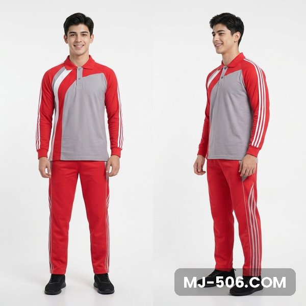 Baju Seragam Olahraga Abu Lengan Merah Celana Merah Baju Seragam Olahraga Abu Lengan Merah Celana Merah, setelan polo raglan katun cardet 24s dan celana training diadora