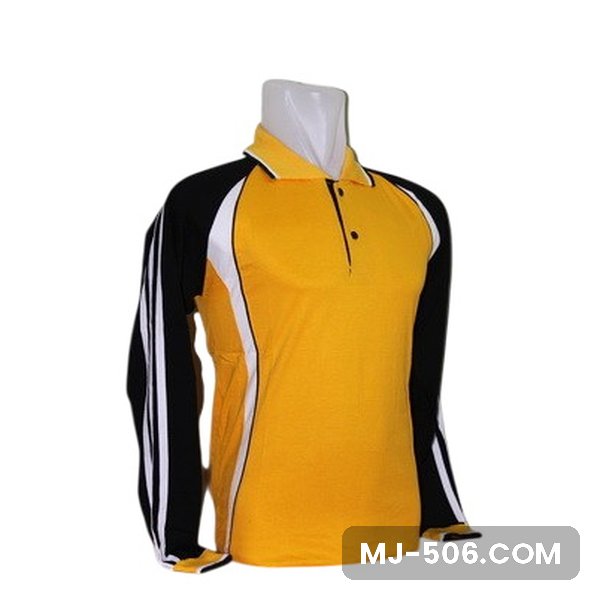 Baju Seragam Olahraga Warna Kuning Hitam, kaos olahraga kerah polo kuning dengan lengan hitam dan list putih dan list putih di lengan