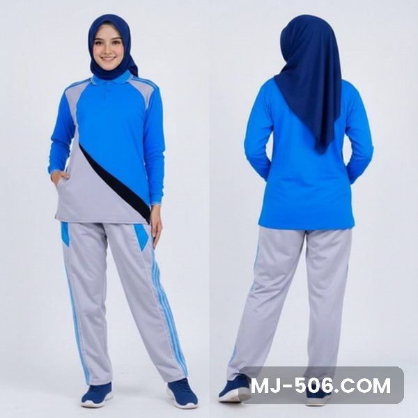 Baju Training Wanita Terbaru Biru Benhur Baju Training Wanita Terbaru Biru Benhur, baju biru benhur dengan panel abu dan list hitam diagonal dan celana training abu list biru benhur