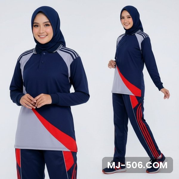 Baju Training Wanita Terbaru Dongker Baju Training Wanita Terbaru Dongker, baju biru dongker dengan panel abu dan list merah diagonal dan celana training biru dongker list merah