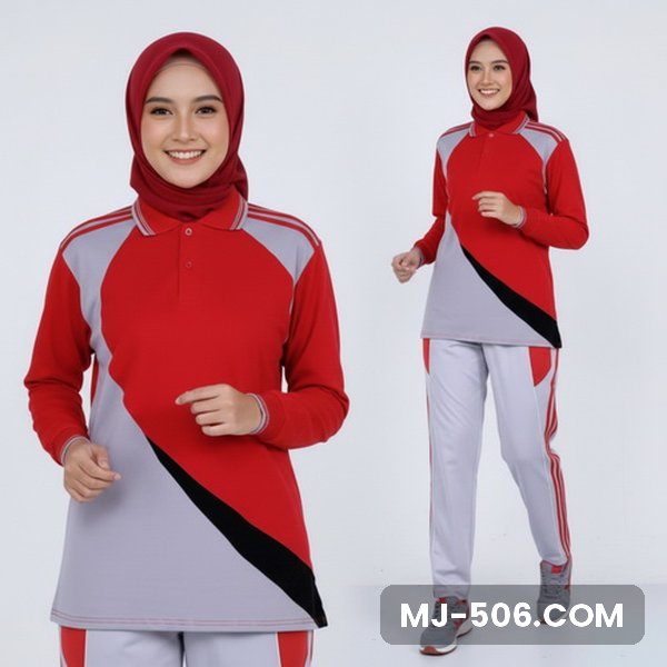 Baju Training Wanita Terbaru Merah Celana Abu, baju merah dengan panel abu dan list hitam diagonal dan celana training abu list merah