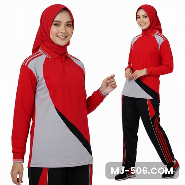 Baju Training Wanita Terbaru Merah Celana Hitam Baju Training Wanita Terbaru Merah Celana Hitam, baju merah dengan panel abu dan list hitam diagonal dan celana training hitam list merah
