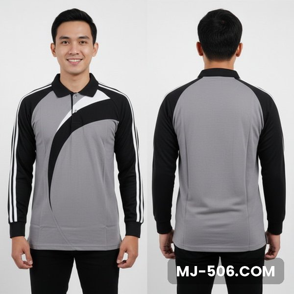 Kaos Olahraga Kantor Lengan Panjang Warna Abu Kaos Olahraga Kantor Lengan Panjang Warna Abu, kaos olahraga kerah polo abu dengan lengan hitam dan list putih di lengan